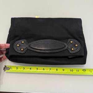 Vintage Black leather and canvas fold over clutch bag with gold hardware